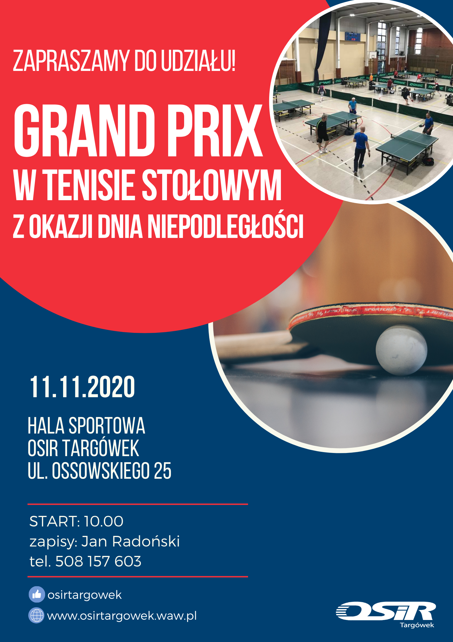 Plakat turnieju Turniej tenisa stołowego z okazji Dnia Niepodległości 2020