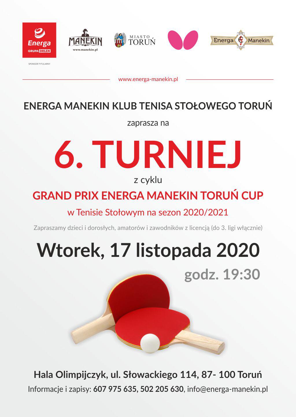 Plakat turnieju GRAND PRIX ENERGA MANEKIN TORUŃ CUP- 6  turniej