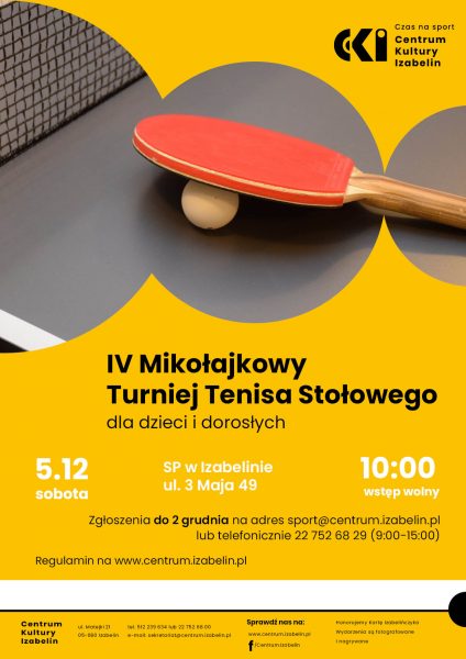 Plakat turnieju IV Mikołajkowy Turniej Tenisa Stołowego- Izabelin