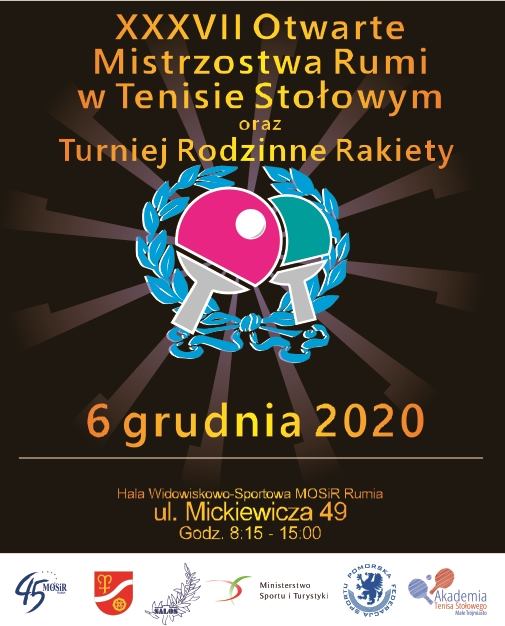 Plakat turnieju Mistrzostwa Rumi w Tenisie Stołowym oraz Turniej "Rodzinne Rakiety"