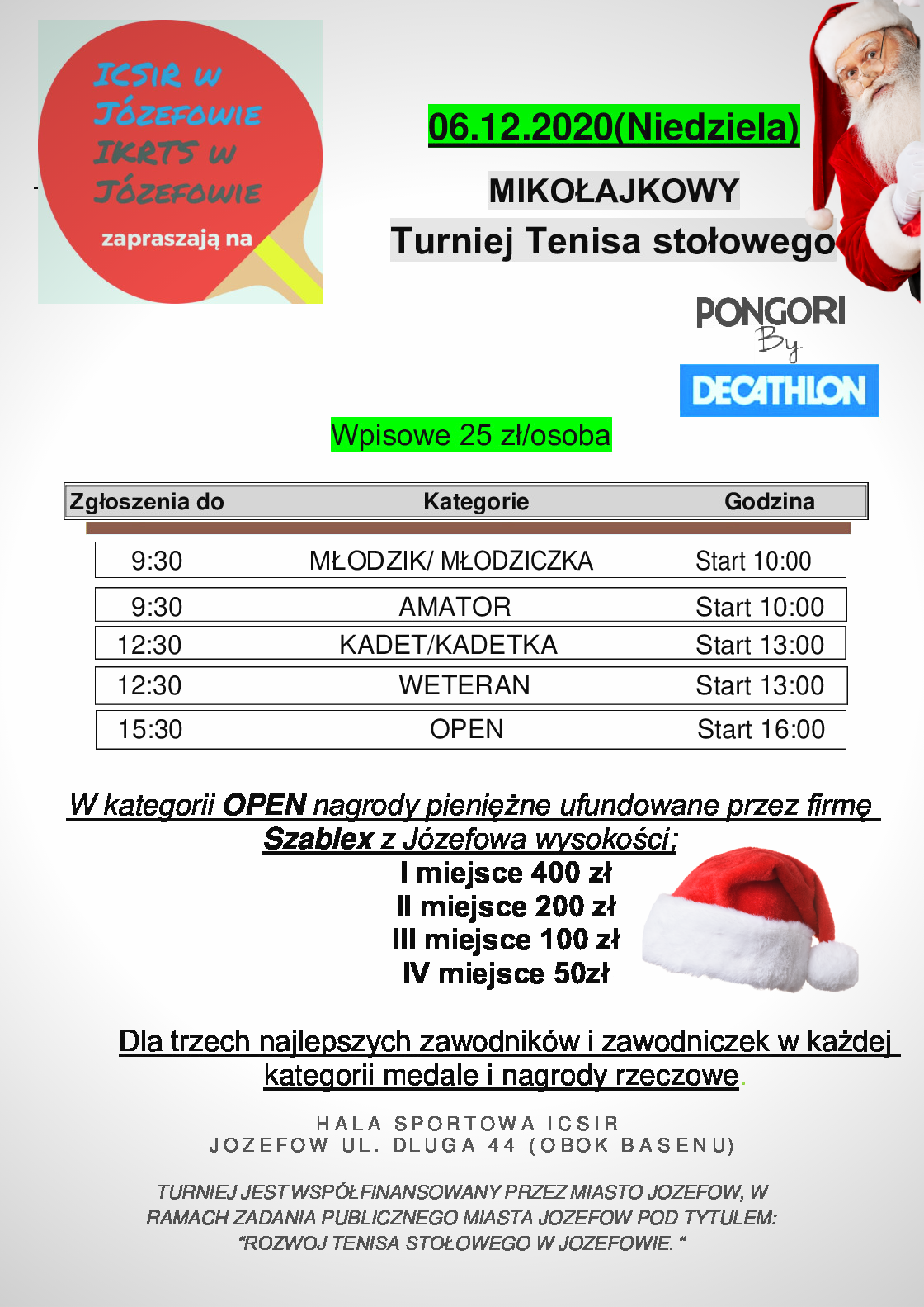 Plakat turnieju Mikołajowy turniej tenisa stołowego w Józefowie