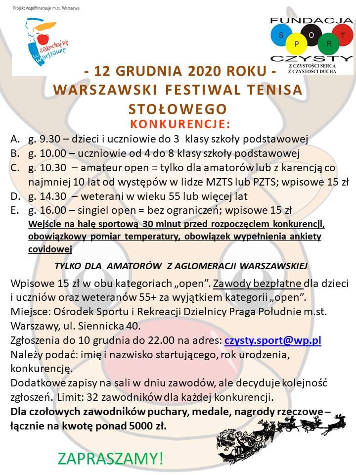 Plakat turnieju Warszawski Festiwal Tenisa Stołowego 2020 (Czysty Sport)