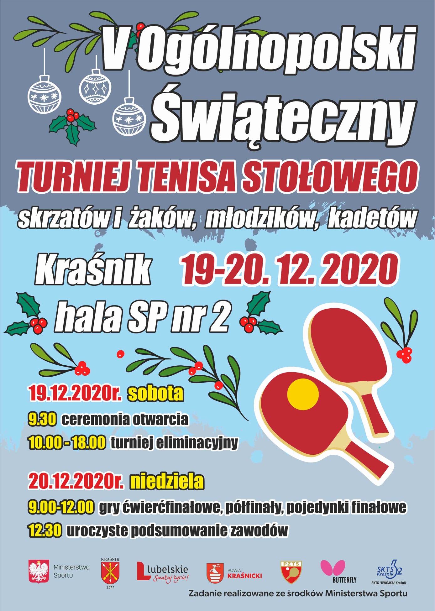 Plakat turnieju V Ogólnopolski Świąteczny Turniej Tenisa Stołowego Kraśnik 2020