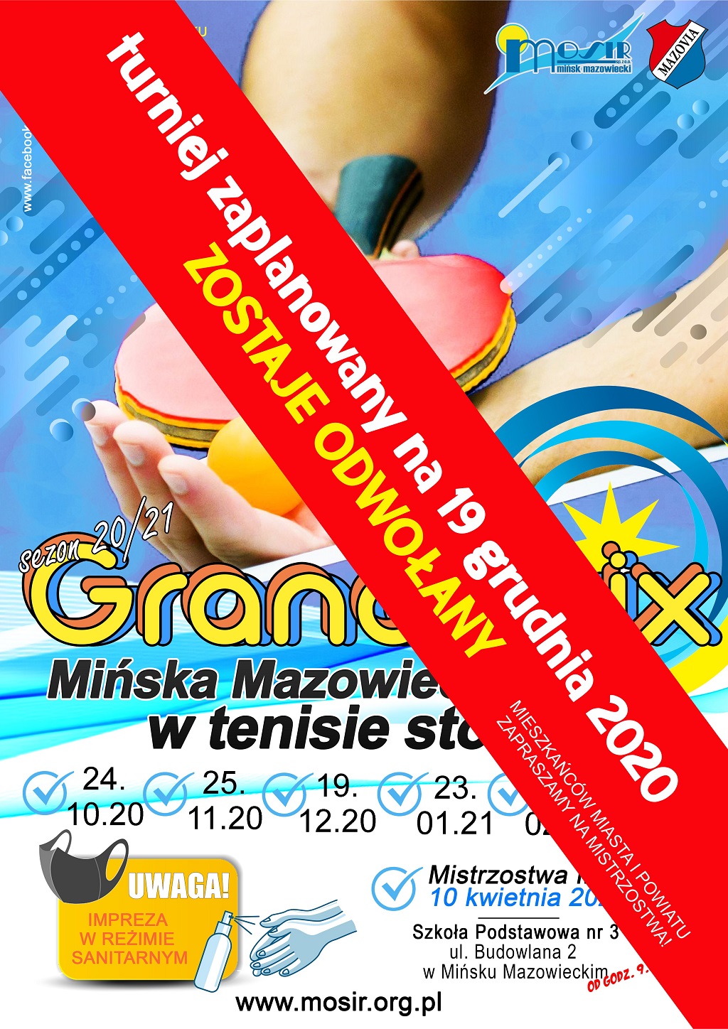 Plakat turnieju Grand Prix Mińska Mazowieckiego w tenisie stołowym w sezonie 2020/2021 - termin 3