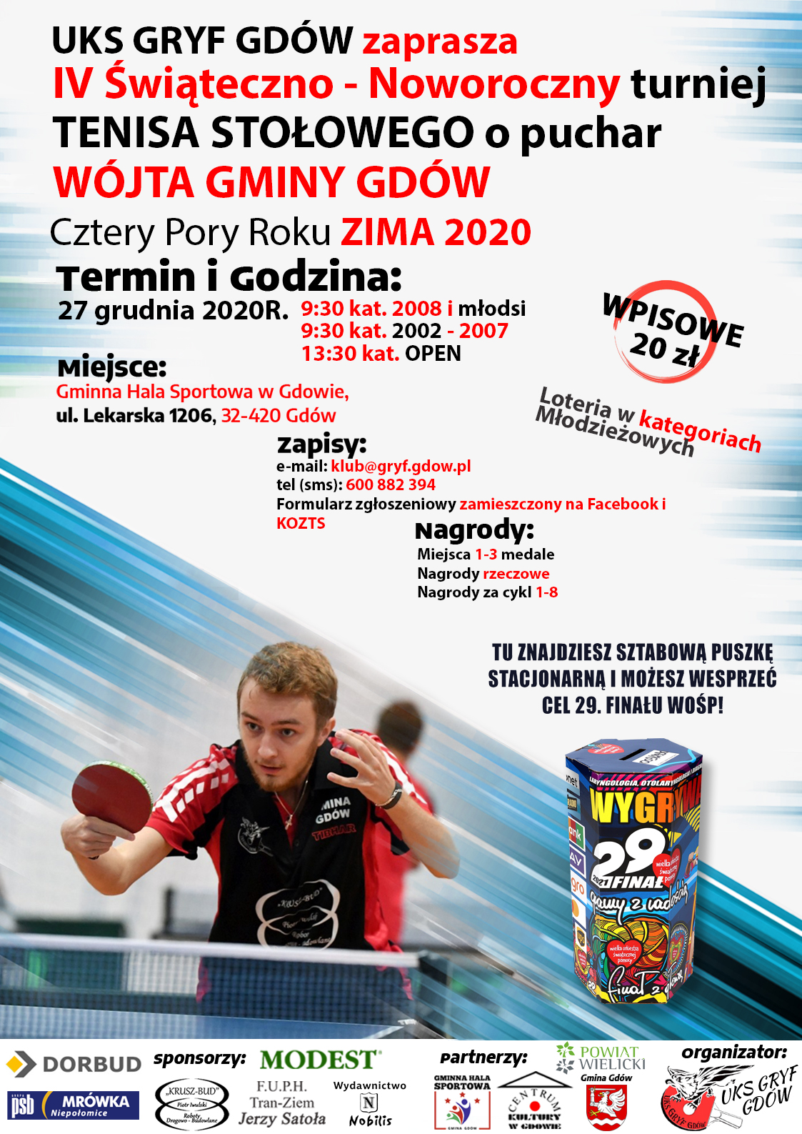 Plakat turnieju IV Świąteczno - Noworoczny turniej tenisa stołowego o Puchar Wójta Gminy Gdów (ZIMA 2020)