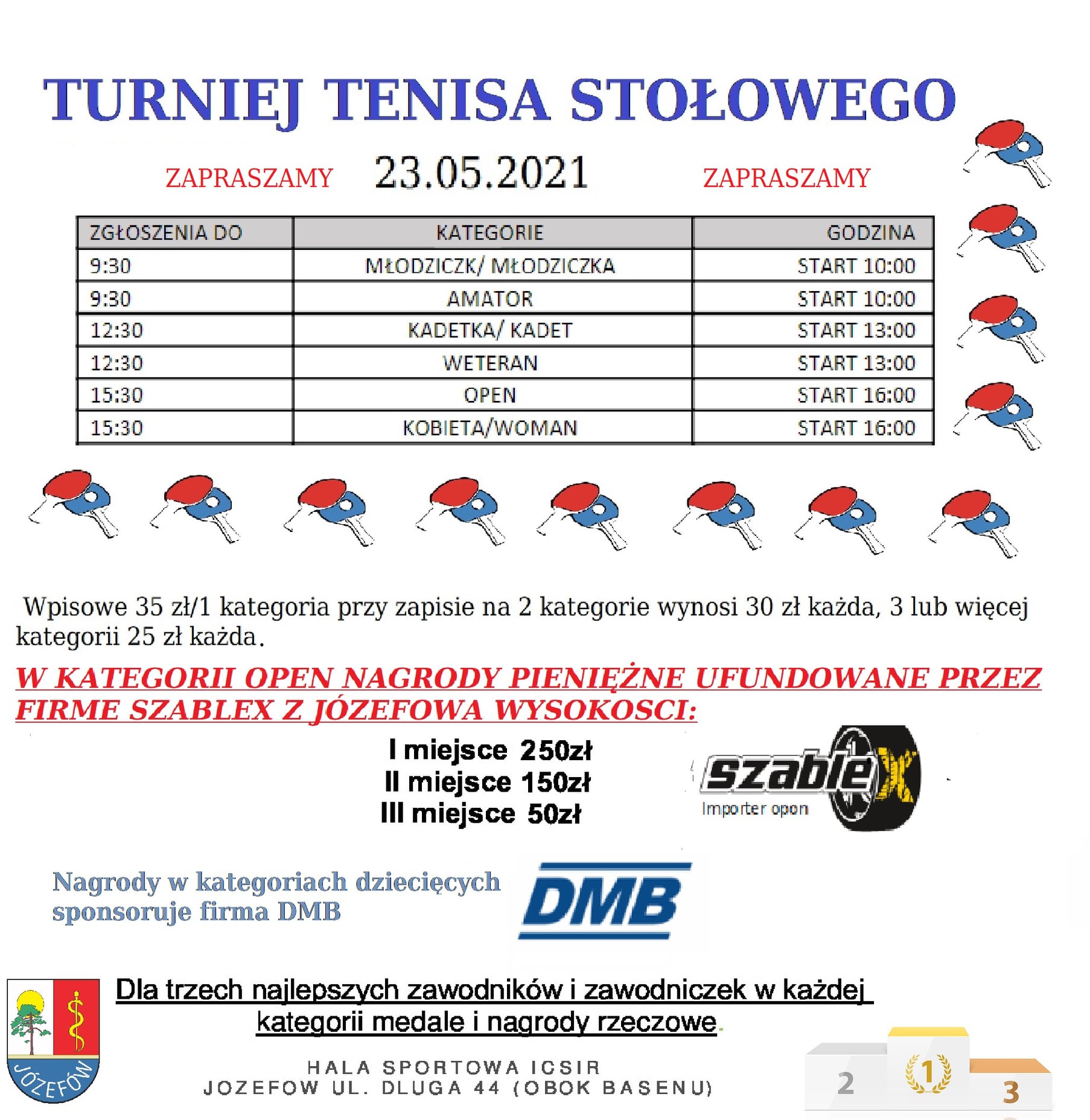 Plakat turnieju Turniej tenisa stołowego w Jóżefowie - maj 2021