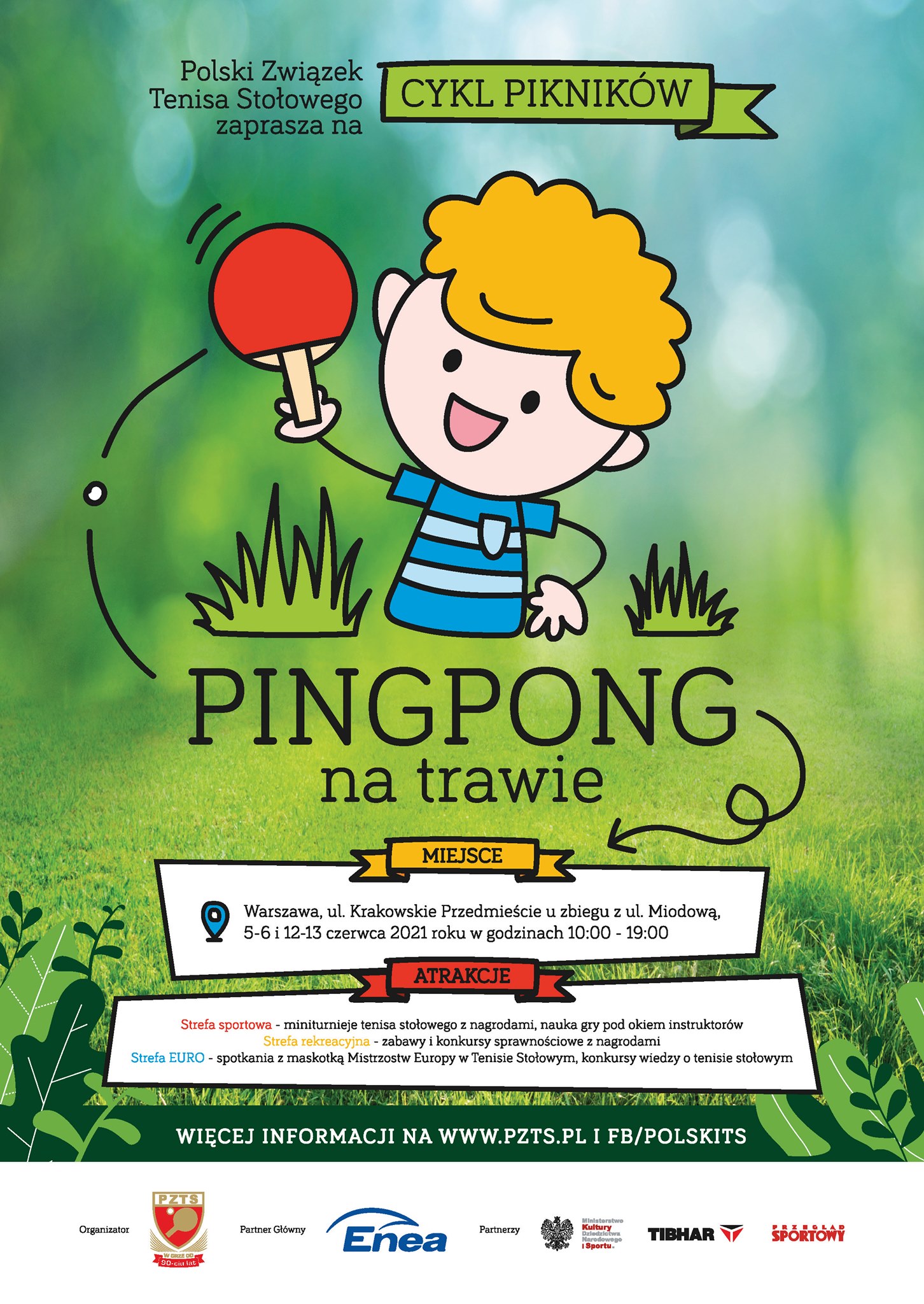 Plakat turnieju Piknik  "Pingpong na Trawie" na Karkowskim Przedmieściu 2021 - 5 czerwca 2021