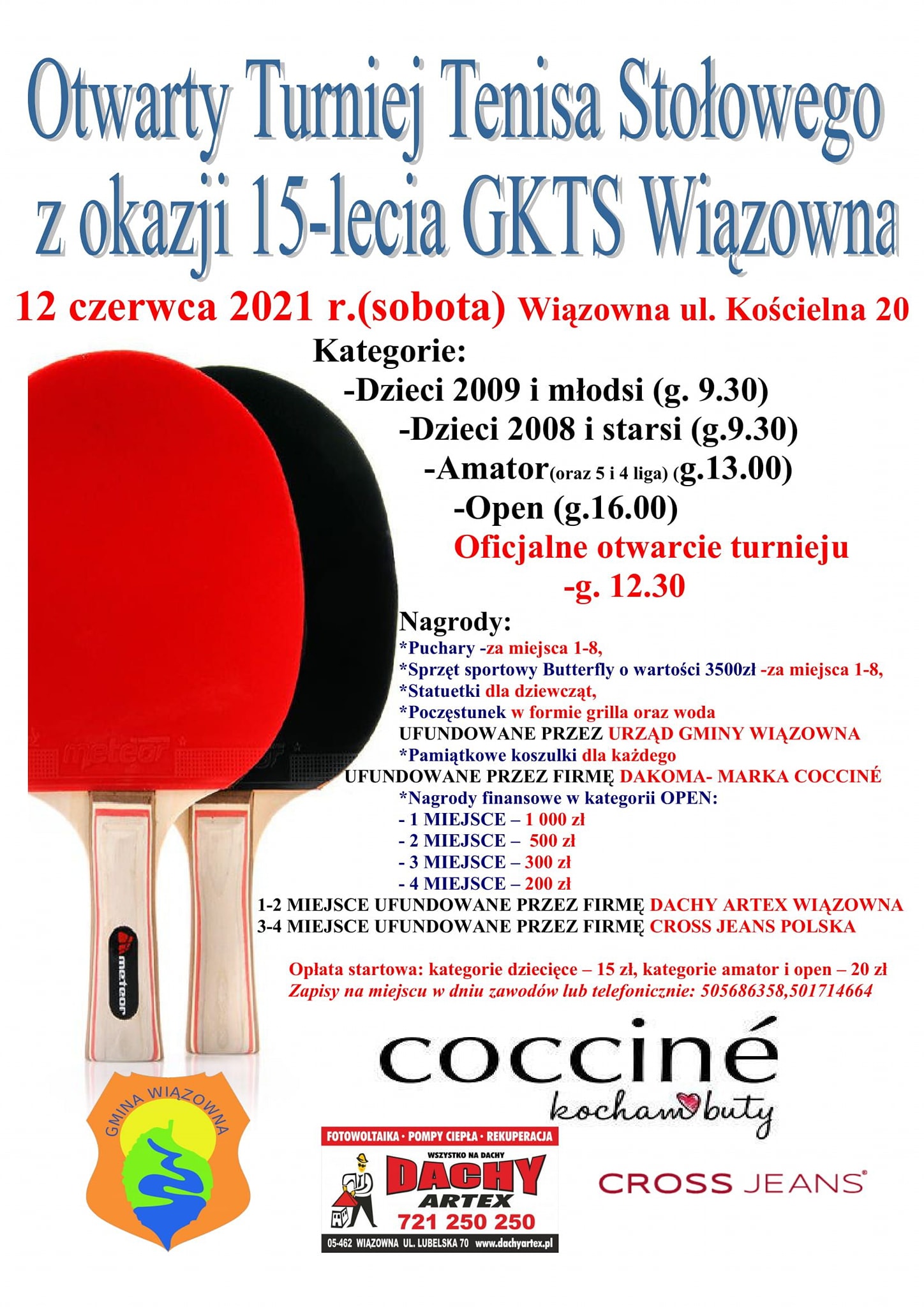 Plakat turnieju Otwarty Turniej Tenisa Stołwego z okazji 15-lecia GKTS Wiązowna