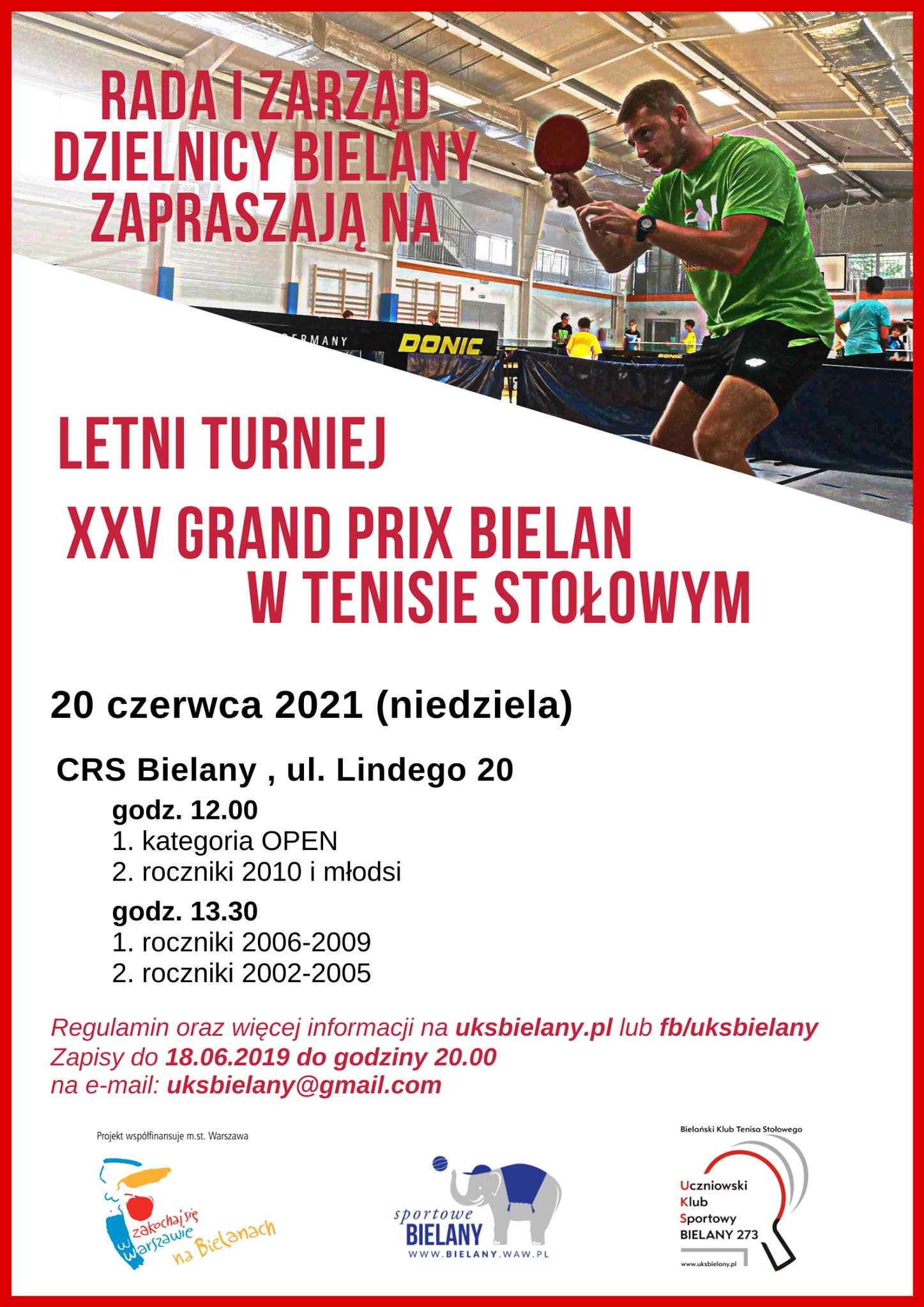 Plakat turnieju Letni Turniej XXV Grand Prix Bielan w Tenisie Stołowym -  2021