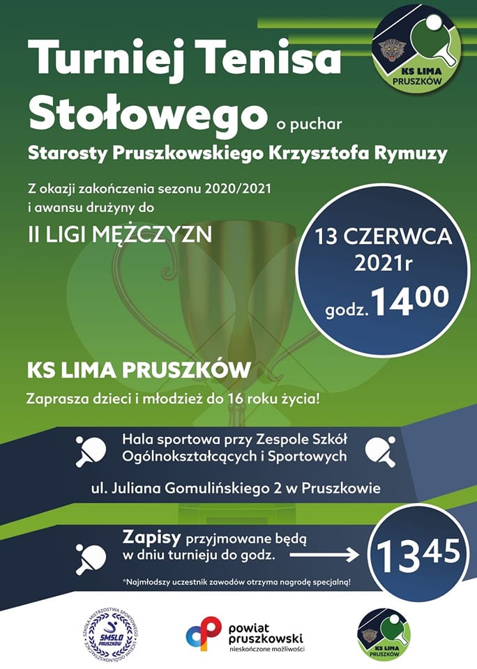 Plakat turnieju Turniej Tenisa Stołowego o puchar Starosty Pruszkowskiego Krzysztofa Rymuzy