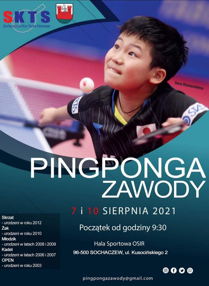 Plakat turnieju Wakacyjne turnieje tenisa stołowego dla dzieci „PINGPONGA ZAWODY"