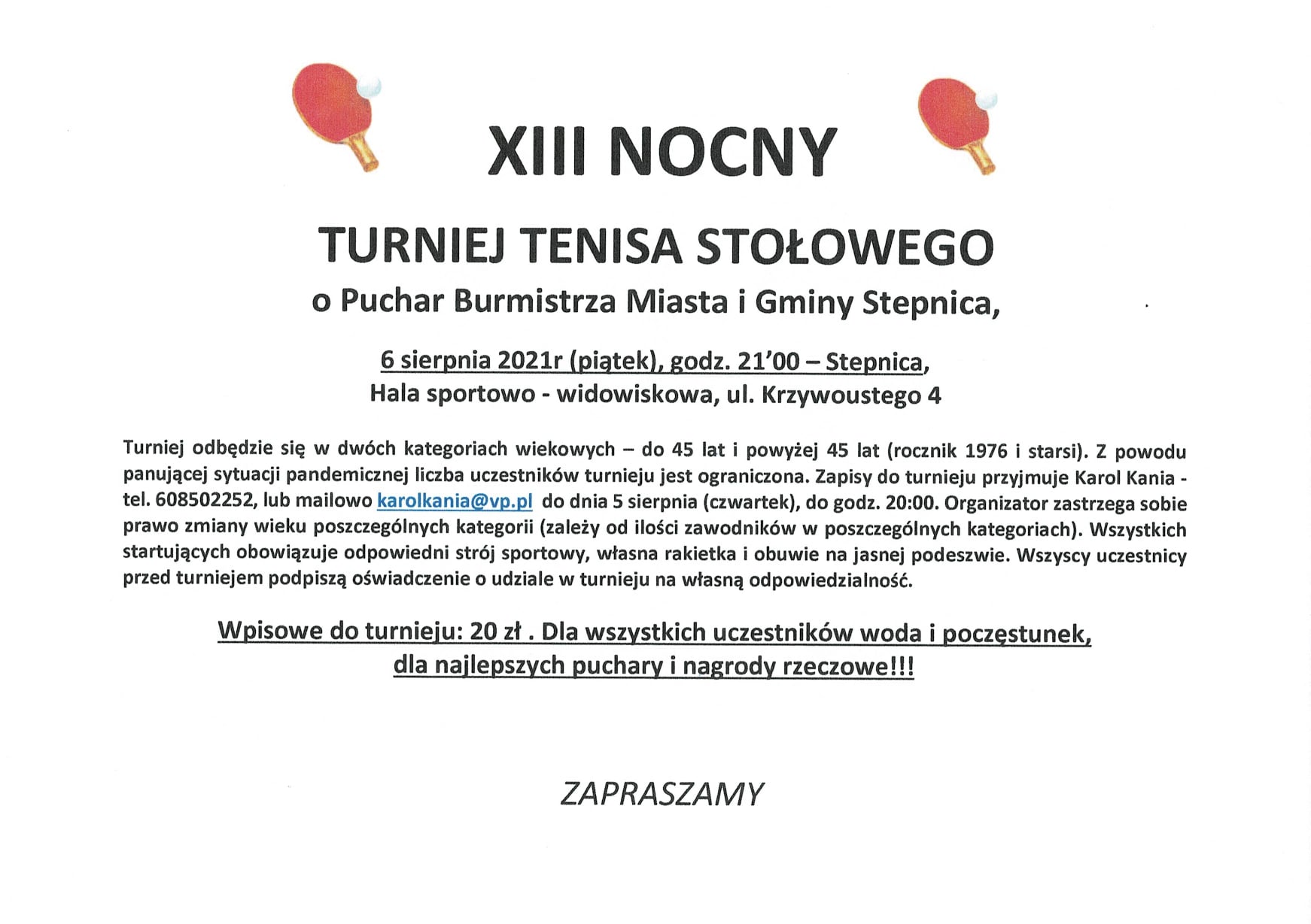 Plakat turnieju XIII NOCNY TURNIEJ TENISA STOŁOWEGO o Puchar Burmistrza Miasta i Gminy Stepnica