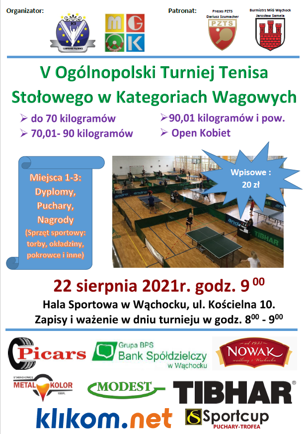 Plakat turnieju V Ogólnopolski Turniej Tenisa Stołowego w Kategoriach Wagowych