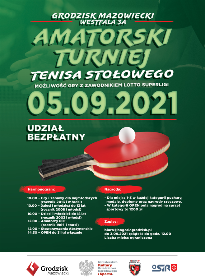 Plakat turnieju Amatorski Turniej Tenisa Stołowego- Bogoria Grodzisk Mazowiecki