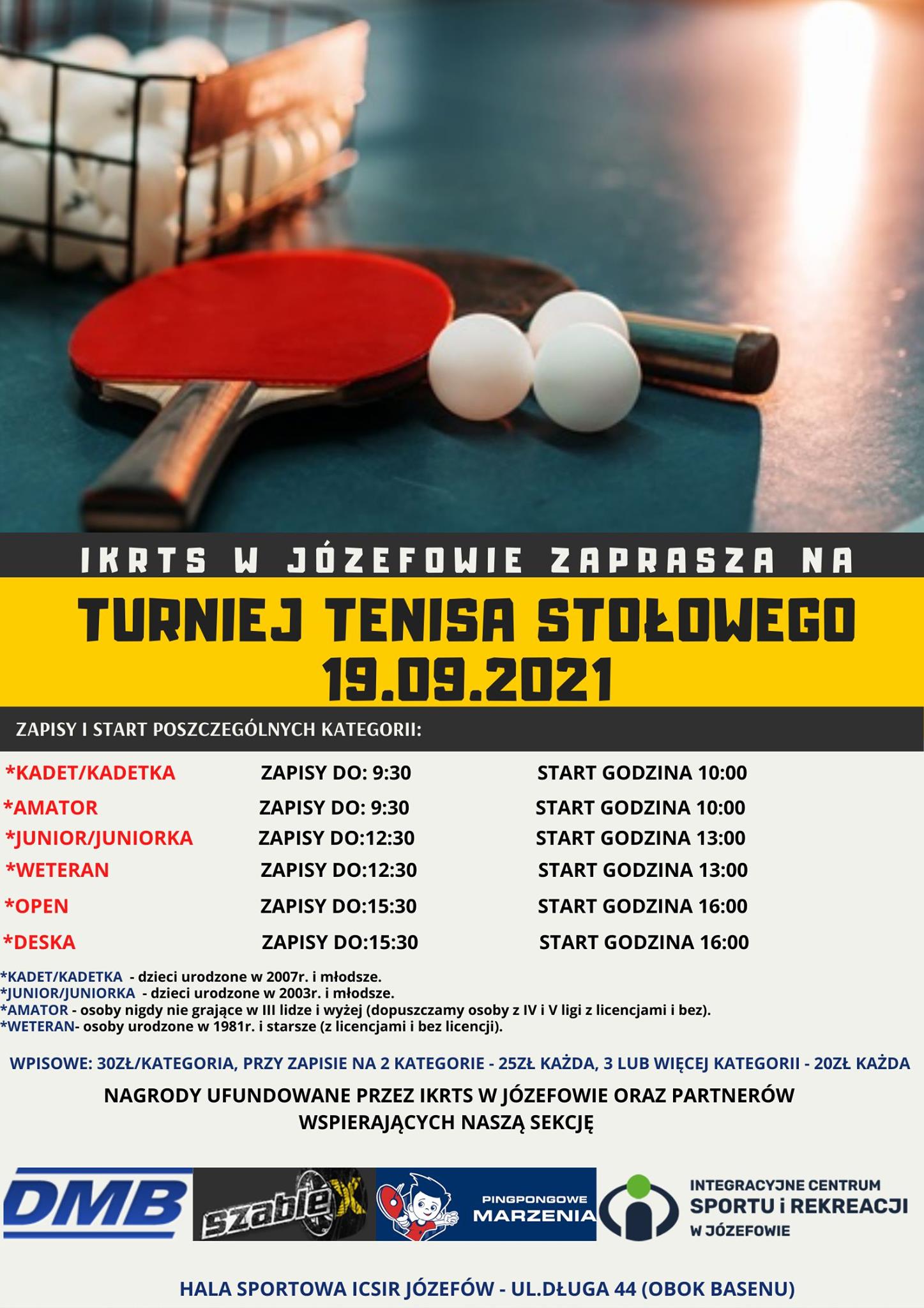 Plakat turnieju Turniej tenisa stołowego w Józefowie - wrzesień 2021