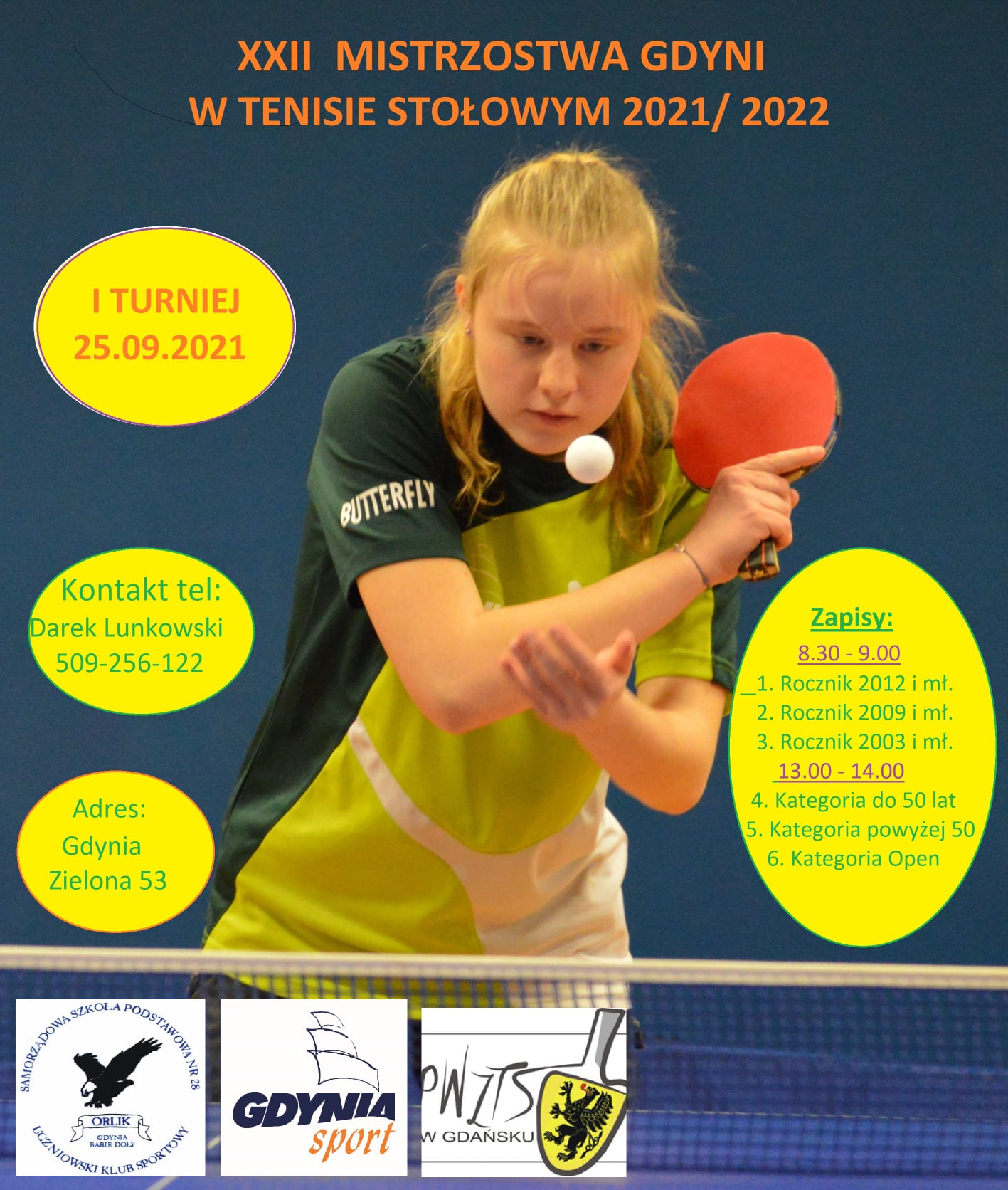 Plakat turnieju XXII Mistrzostwa Gdyni w Tenisie Stołowym - I Turniej 25.09.2021