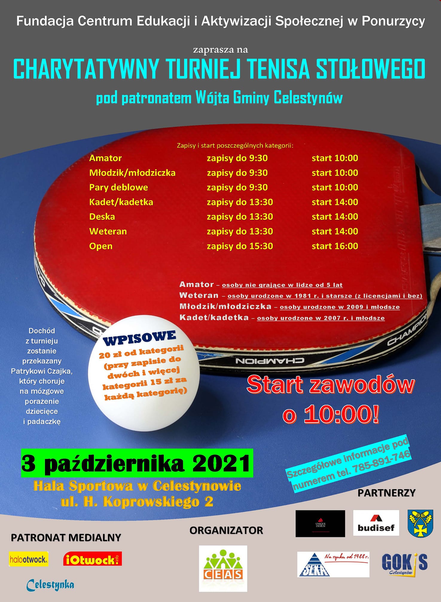 Plakat turnieju Charytatywny Turniej Tenisa Stołowego w Celestynowie