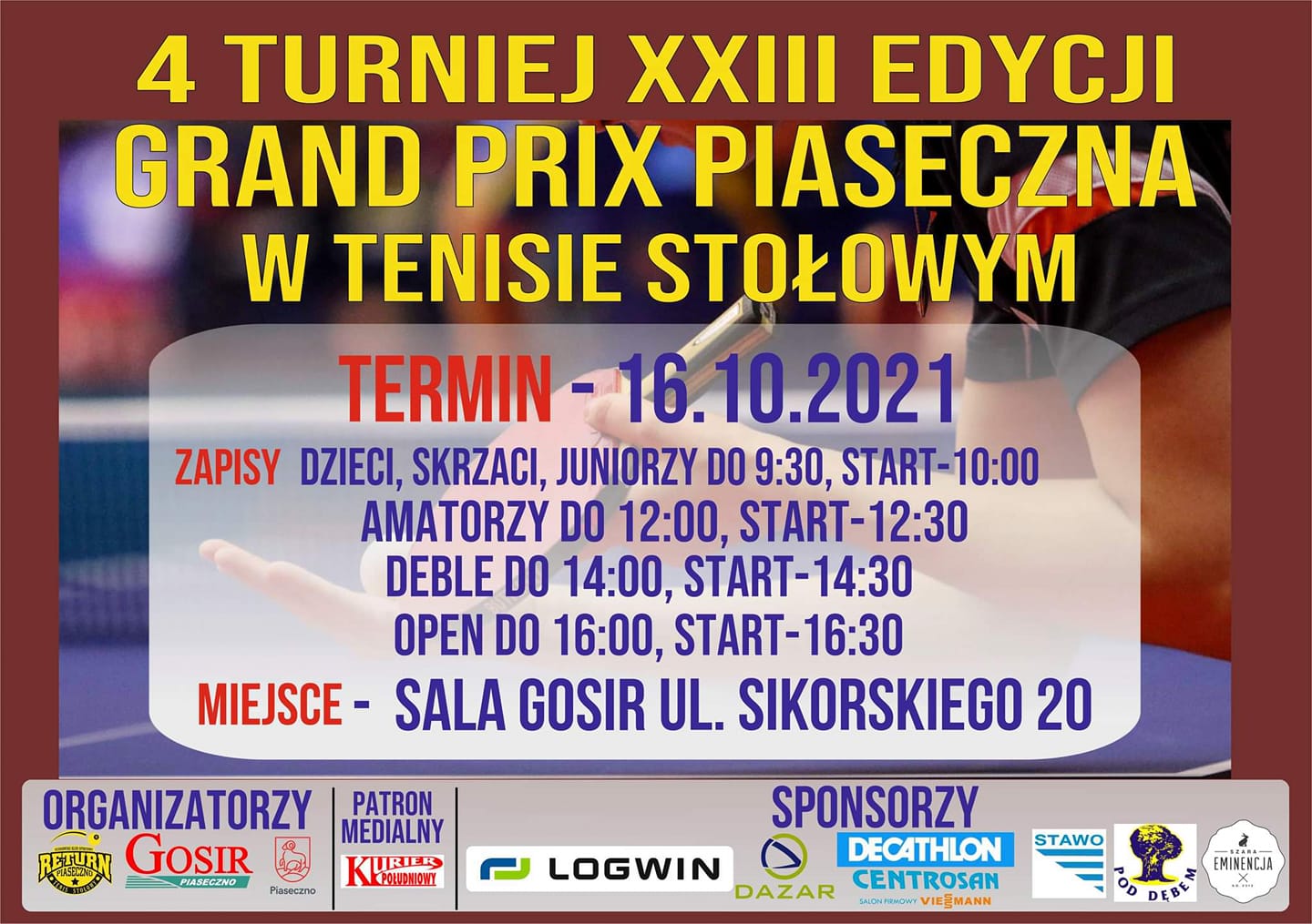 Plakat turnieju 4 turniej XXIII edycji Grand Prix Piaseczna w Tenisie Stołowym