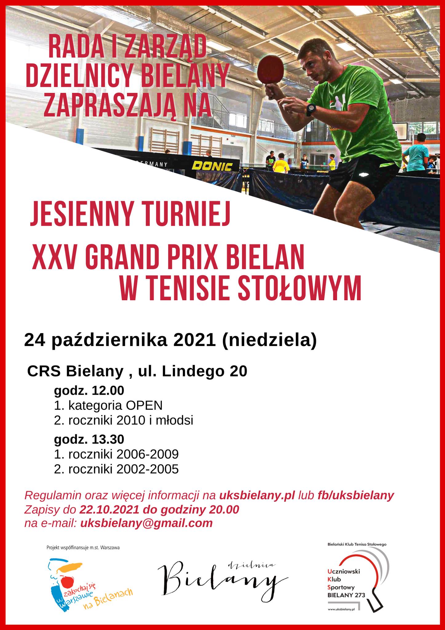 Plakat turnieju Jesienny Turniej XXV Grand Prix Bielan w Tenisie Stołowym -  2021