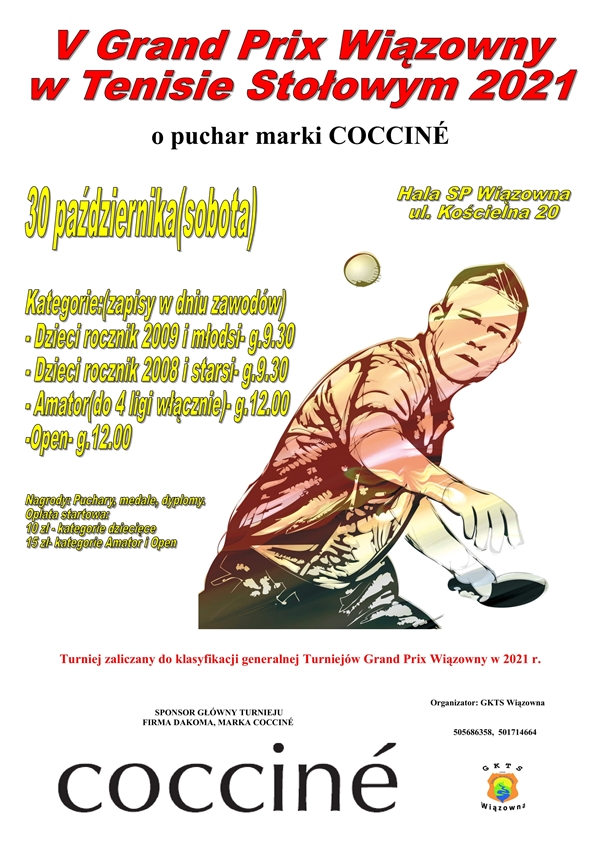 Plakat turnieju V Grand Prix Wiązowny w Tenisie Stołowym 2021