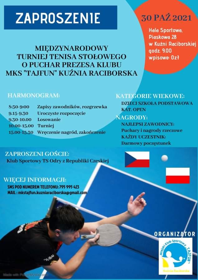 Plakat turnieju Międzynarodowy turniej tenisa stołowego w Kuźni Raciborskiej
