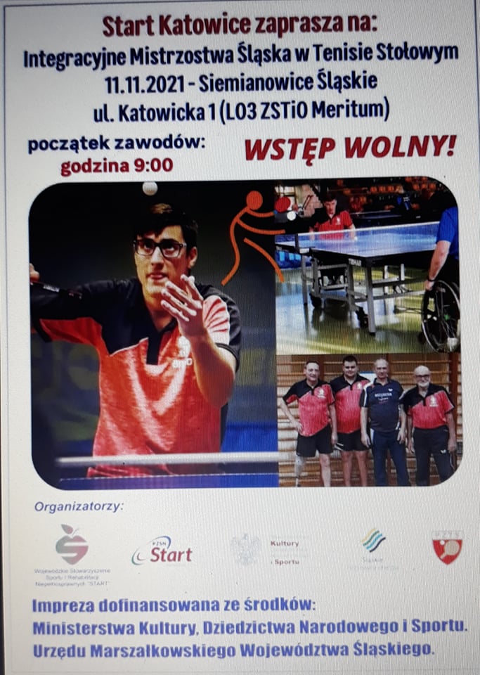 Plakat turnieju Integracyjne Mistrzostwa Śląska w tenisie stołowym 2021