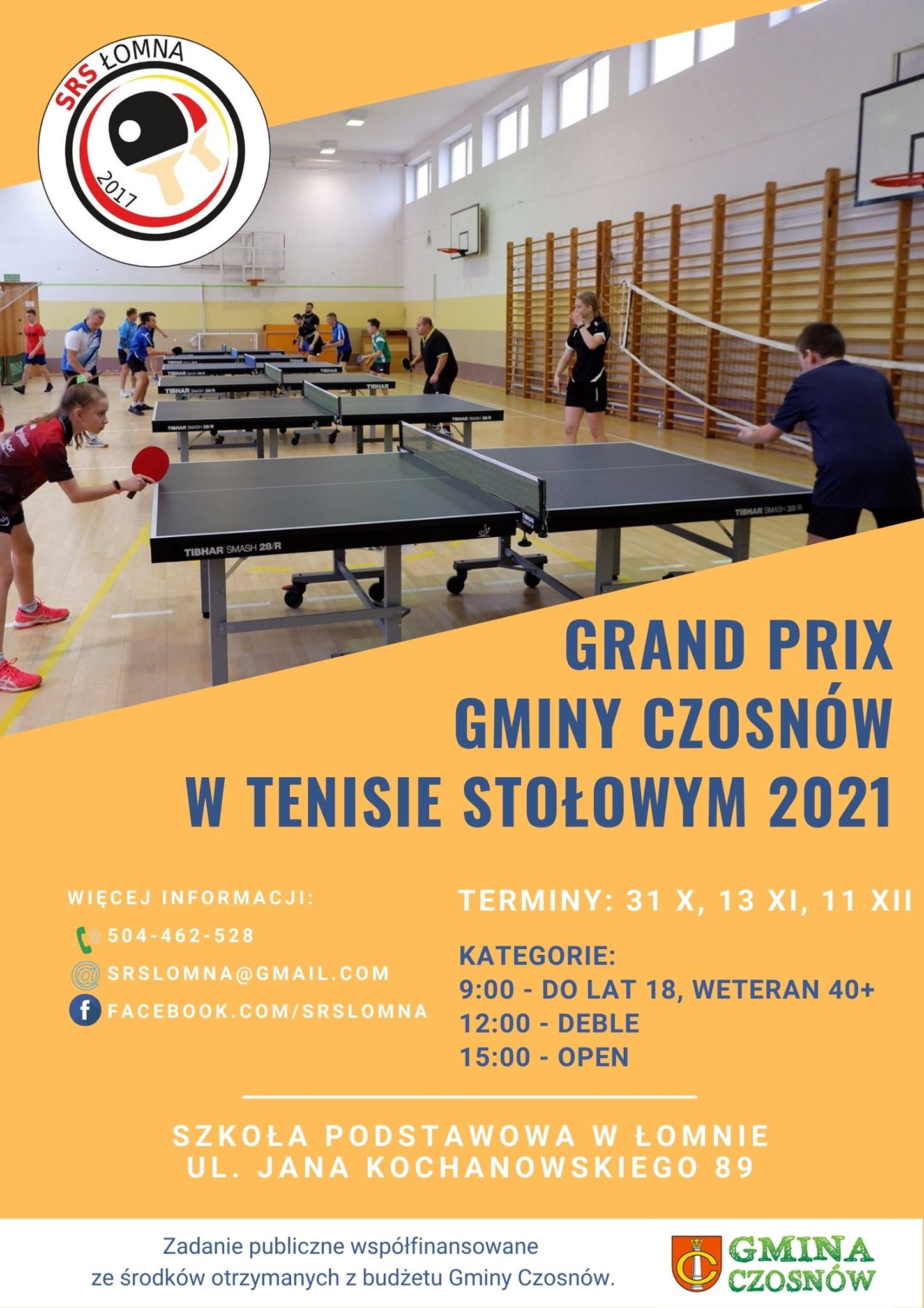 Plakat turnieju Grand Prix Gminy Czosnów w Tenisie Stołowym 2021- 31.X.2021