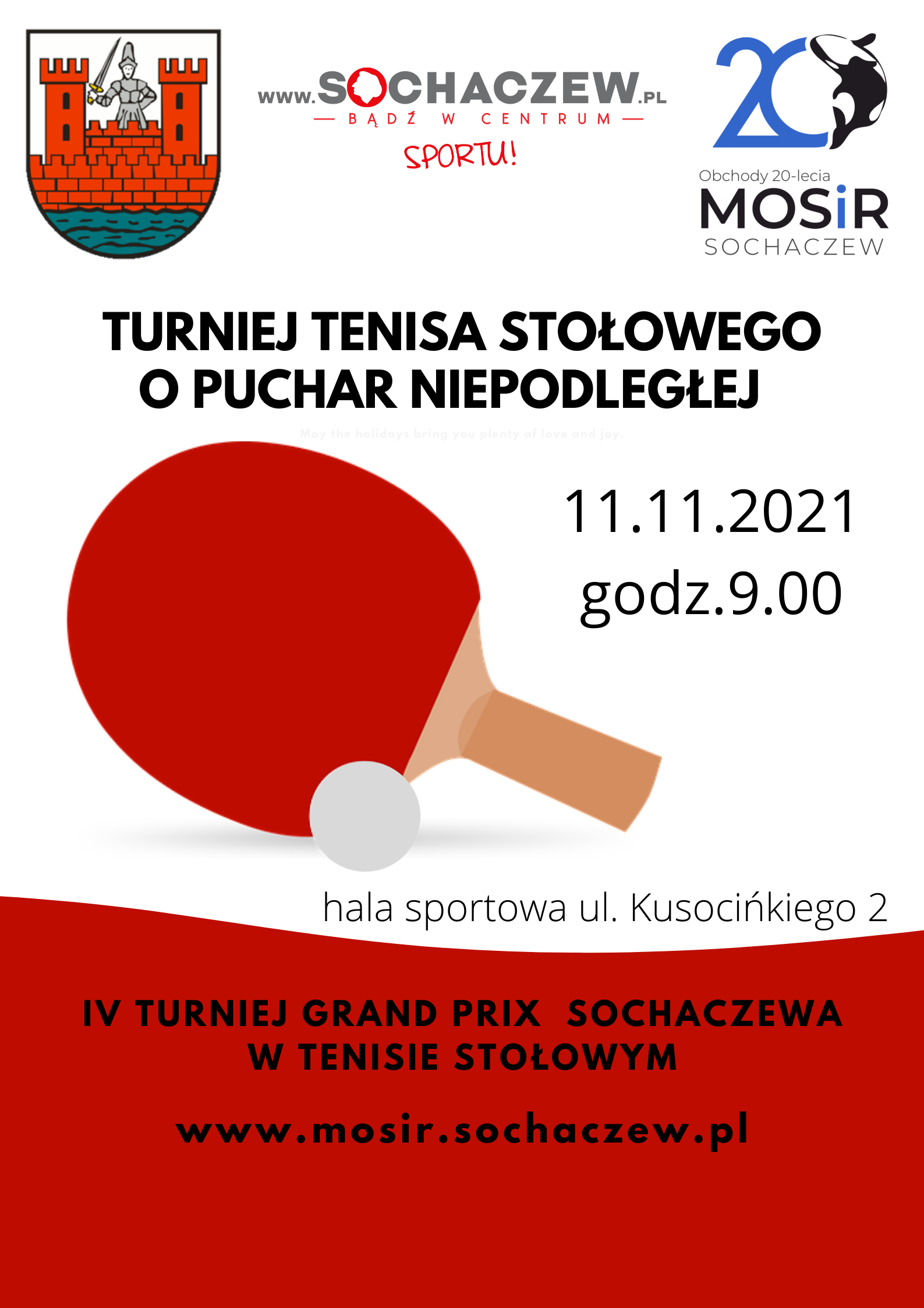 Plakat turnieju Grand Prix Sochaczewa w Tenisie Stołowym-Turniej o Puchar Niepodległej
