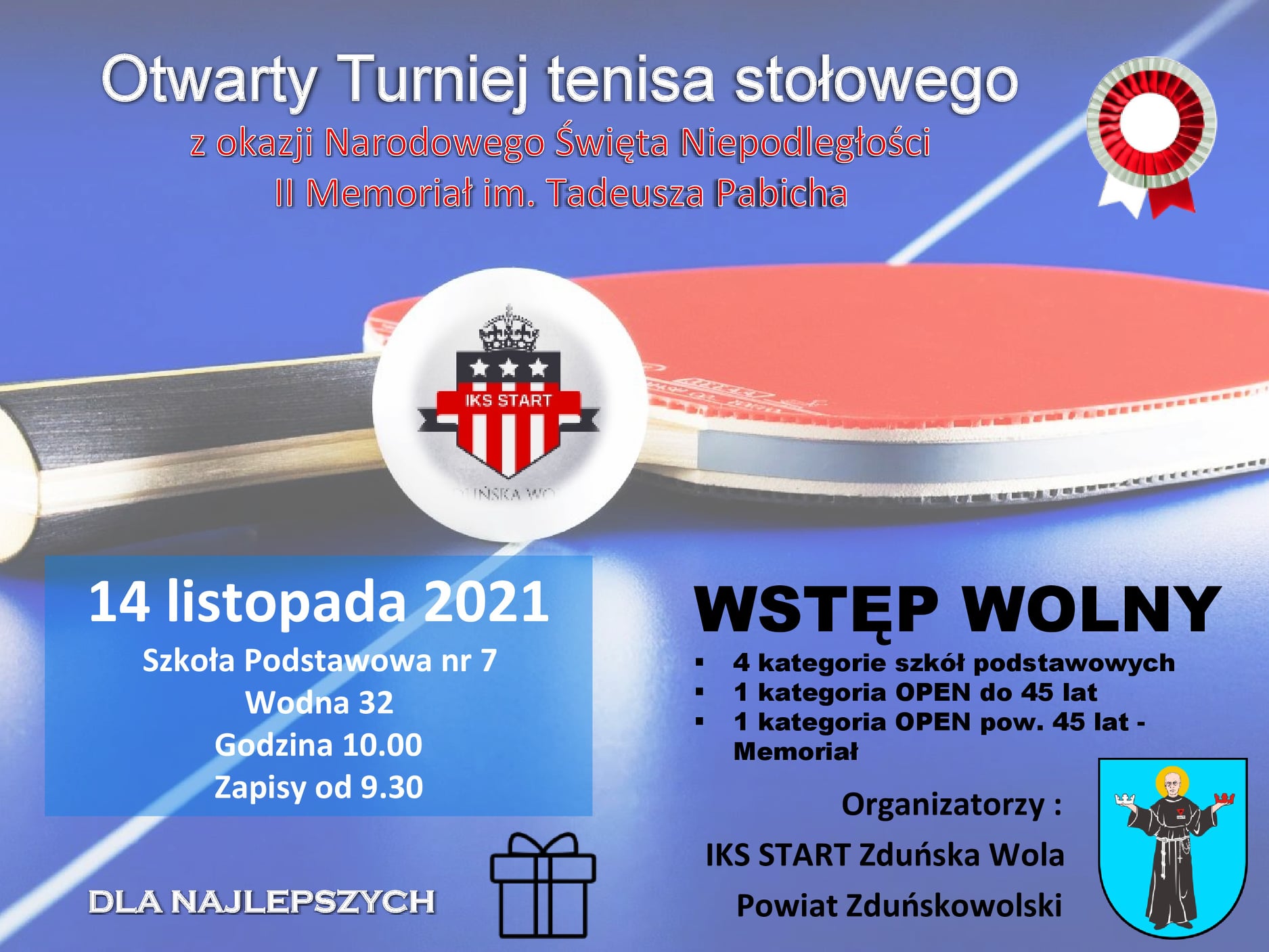 Plakat turnieju Otwarty Turniej tenisa stołowego z okazji Narodowego Dnia Niepodległości