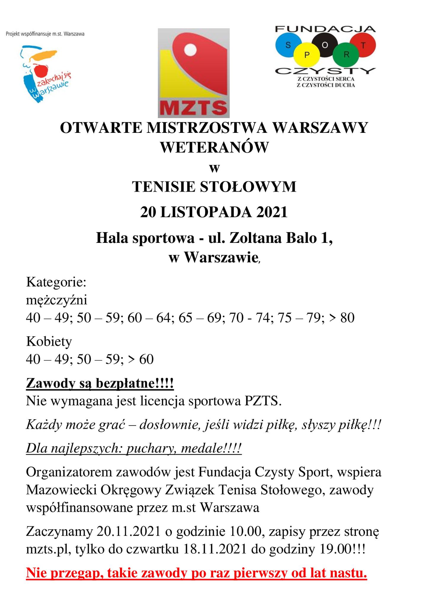 Plakat turnieju Otwarte Mistrzostwa Warszawy Weteranów