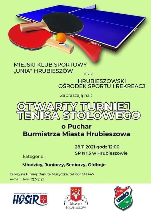 Plakat turnieju Otwarty Turniej Tenisa Stołowego o Puchar Burmistrza Miasta Hrubieszowa