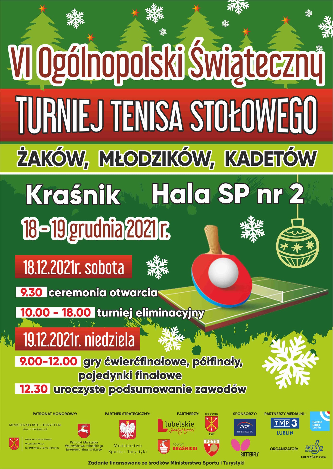 Plakat turnieju VI Ogólnopolski Świąteczny Turniej Tenisa Stołowego Kraśnik 2021