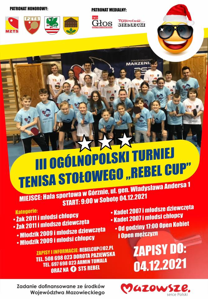 Plakat turnieju III OGÓLNOPOLSKI Turniej Tenisa Stołowego "REBEL CUP"