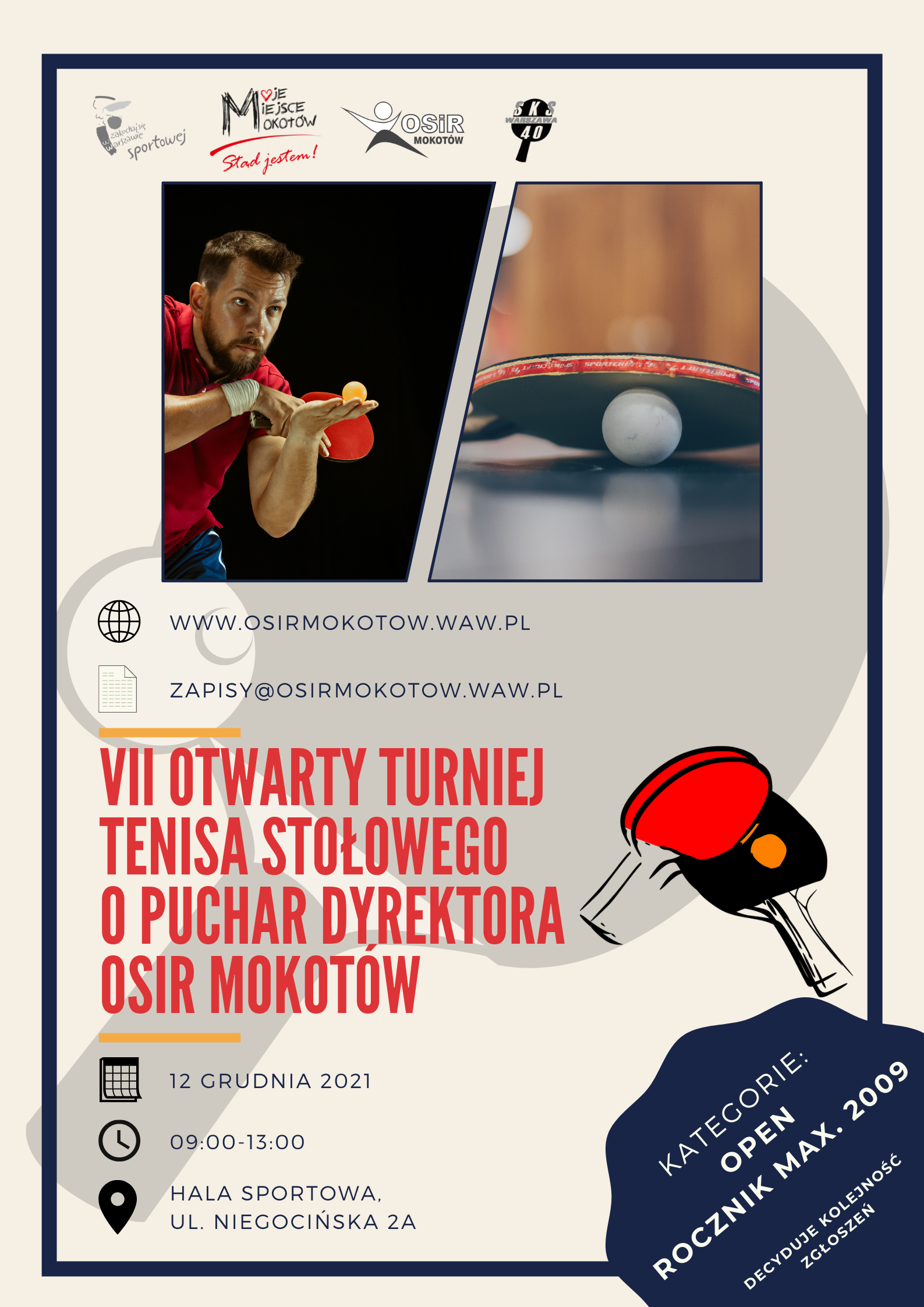 Plakat turnieju VII Otwarty Turniej Tenisa Stołowego o Puchar Dyrektora OSiR Mokotów 10.10.2021 r.