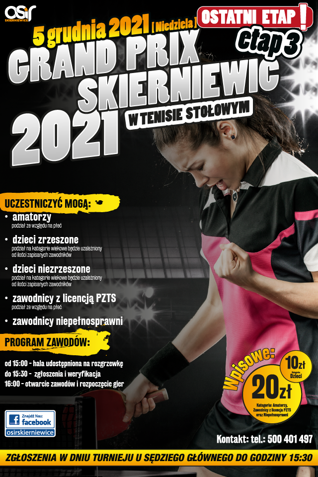 Plakat turnieju GRAND PRIX W TENISIE STOŁOWYM 2021 - etap 3