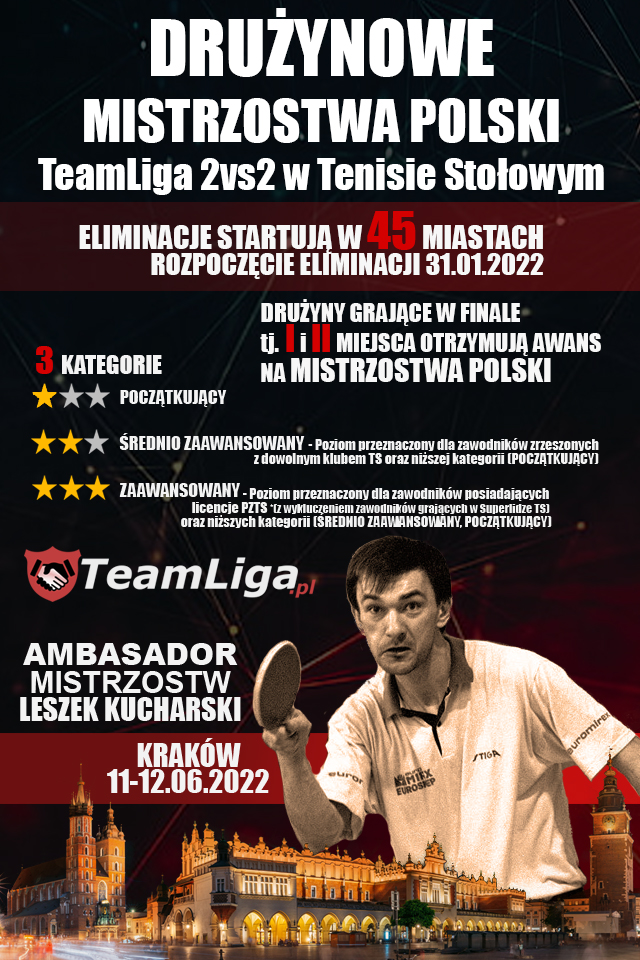 Plakat turnieju Eliminacje do Drużynowych Mistrzostw Polski TeamLiga 2vs2 w Tenisie Stołowym
