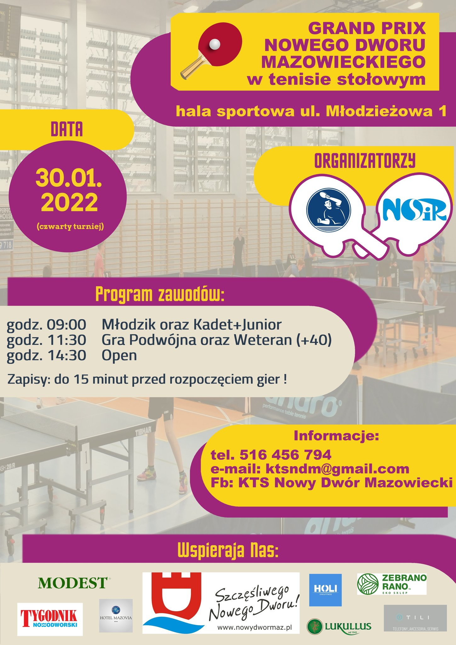Plakat turnieju Grand Prix Nowego Dworu Mazowieckiego w tenisie stołowym 2021/2022- 4 turniej
