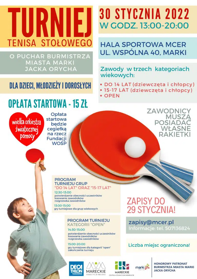 Plakat turnieju Turniej Tenisa Stołowego o Puchar Burmistrza Miasta Marki Jacka Orycha