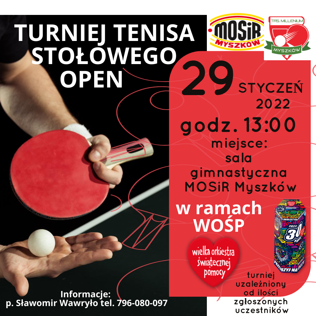 Plakat turnieju TURNIEJ TENISA STOŁOWEGO OPEN w ramach Wielkiej Orkiestry Świątecznej Pomocy