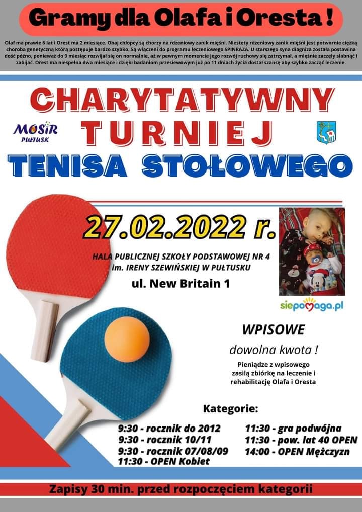 Plakat turnieju Charytatywny Turniej Tenisa Stolowego Pułtusk - luty 2022