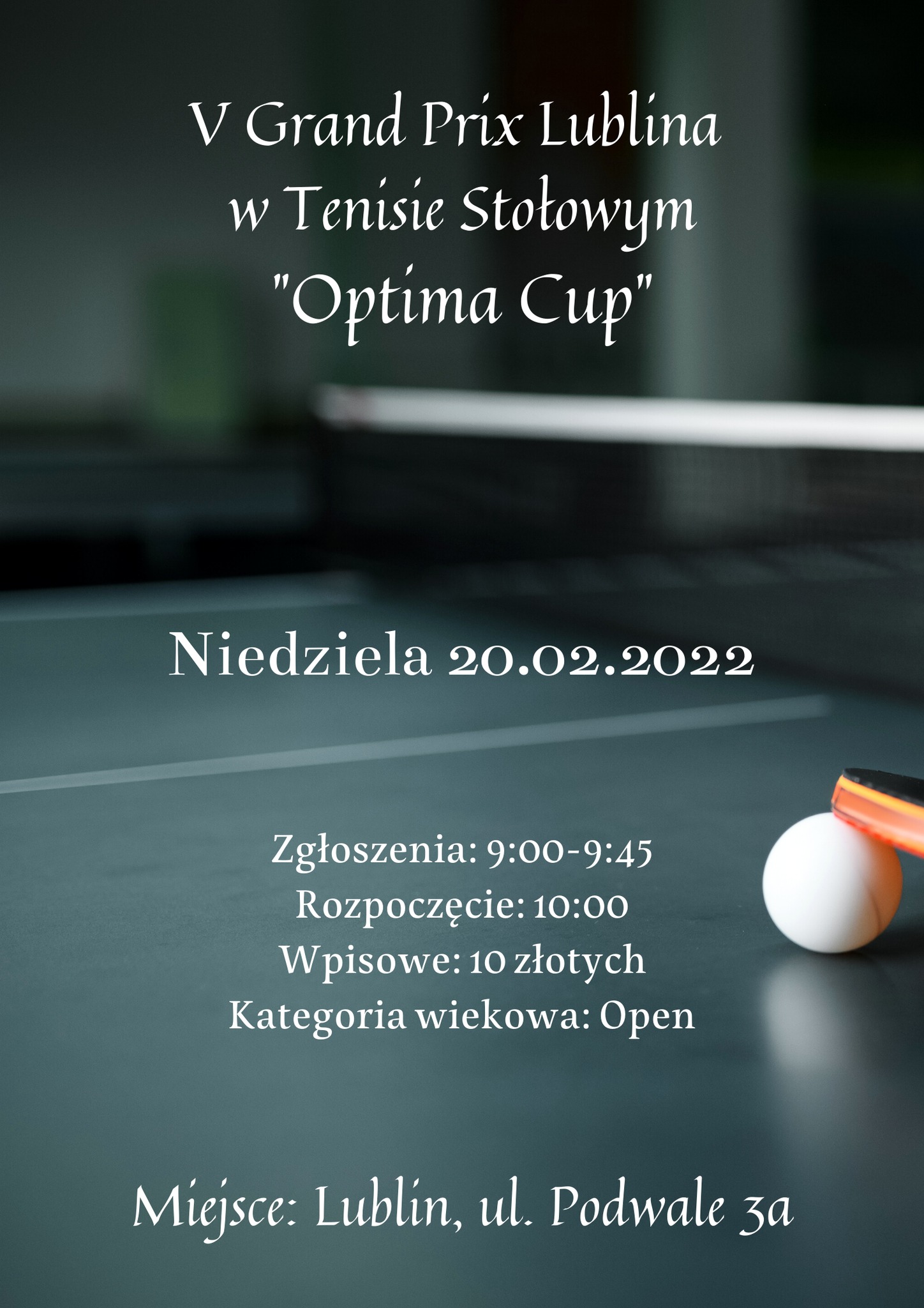 Plakat turnieju V Grand Prix Lubina w Tenisie Stolowym ''Optima Cup''