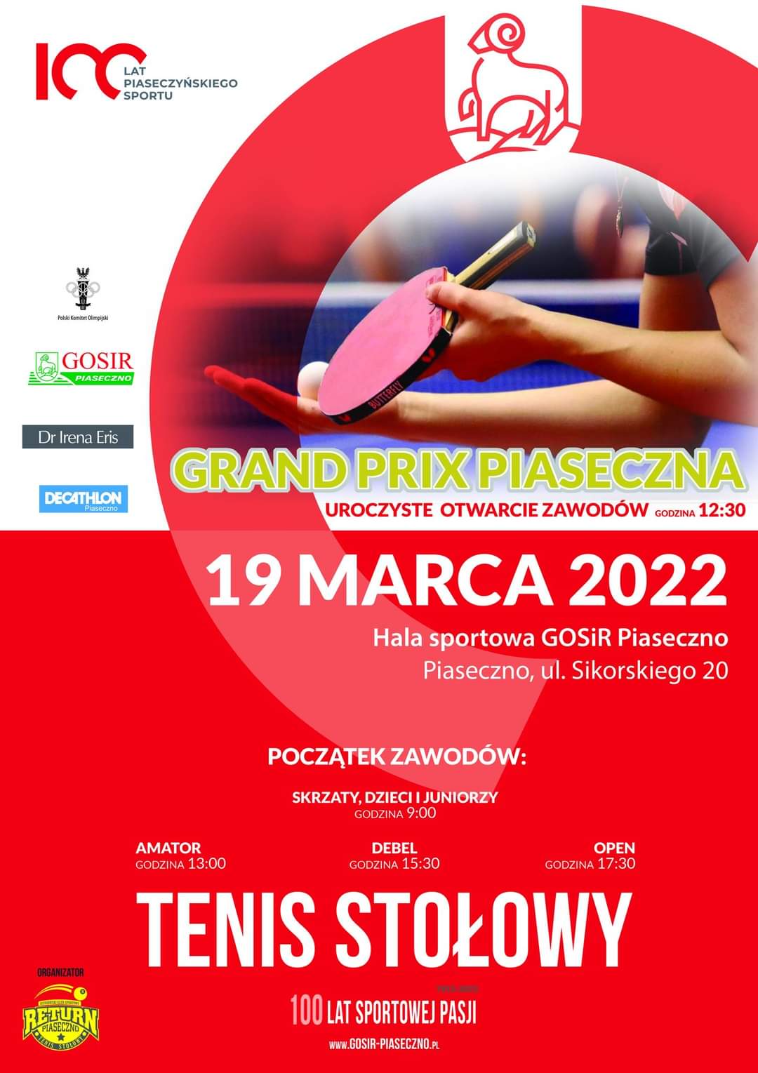 Plakat turnieju XXIV Grand Prix Piaseczna - turniej jubileuszowy z okazji 100-lecia Sportu Piaseczyńskiego - 3 turniej 2022