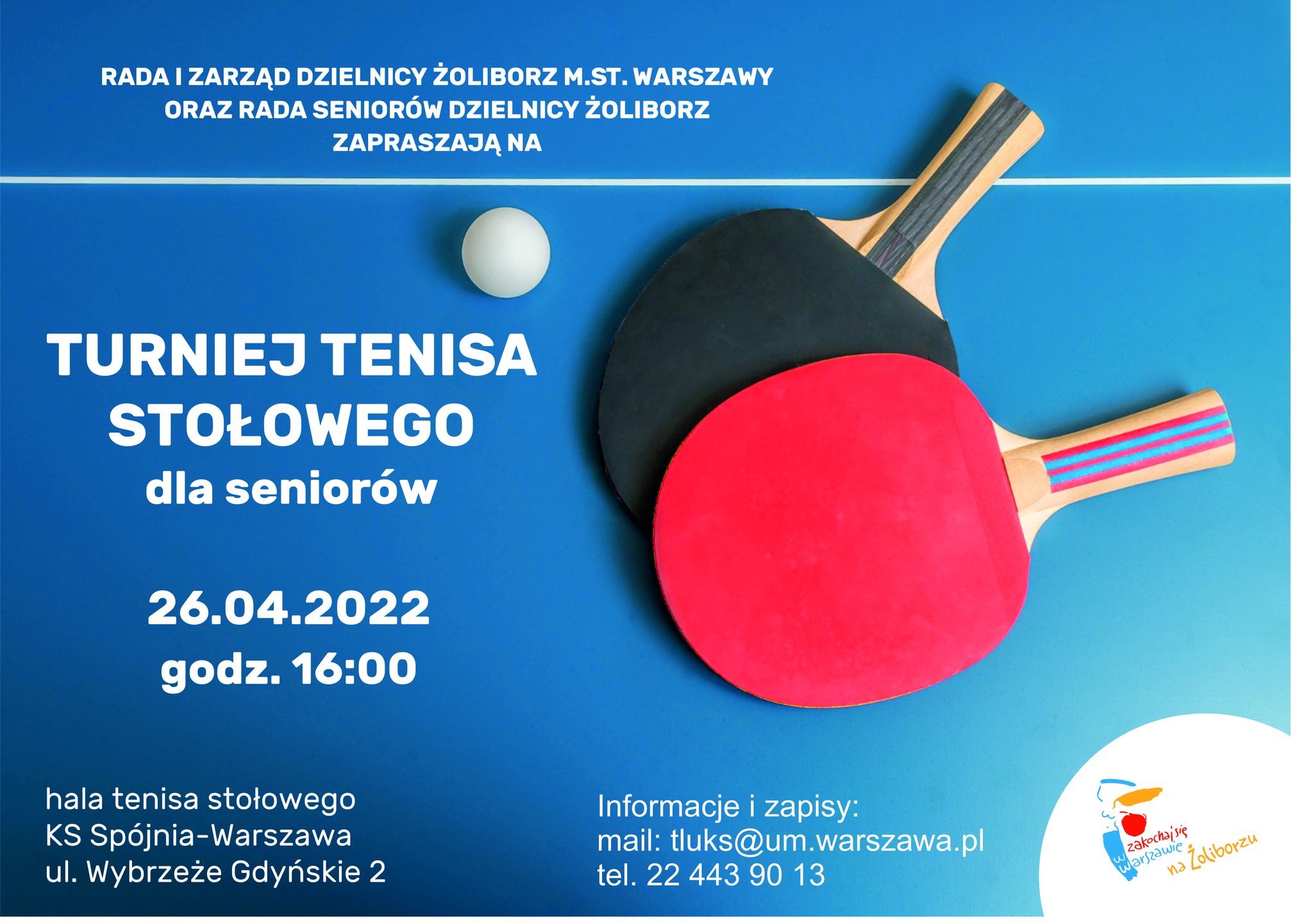 Plakat turnieju Turniej tenisa stołowego dla seniorów (Żoliborz) - kwiecień 2022