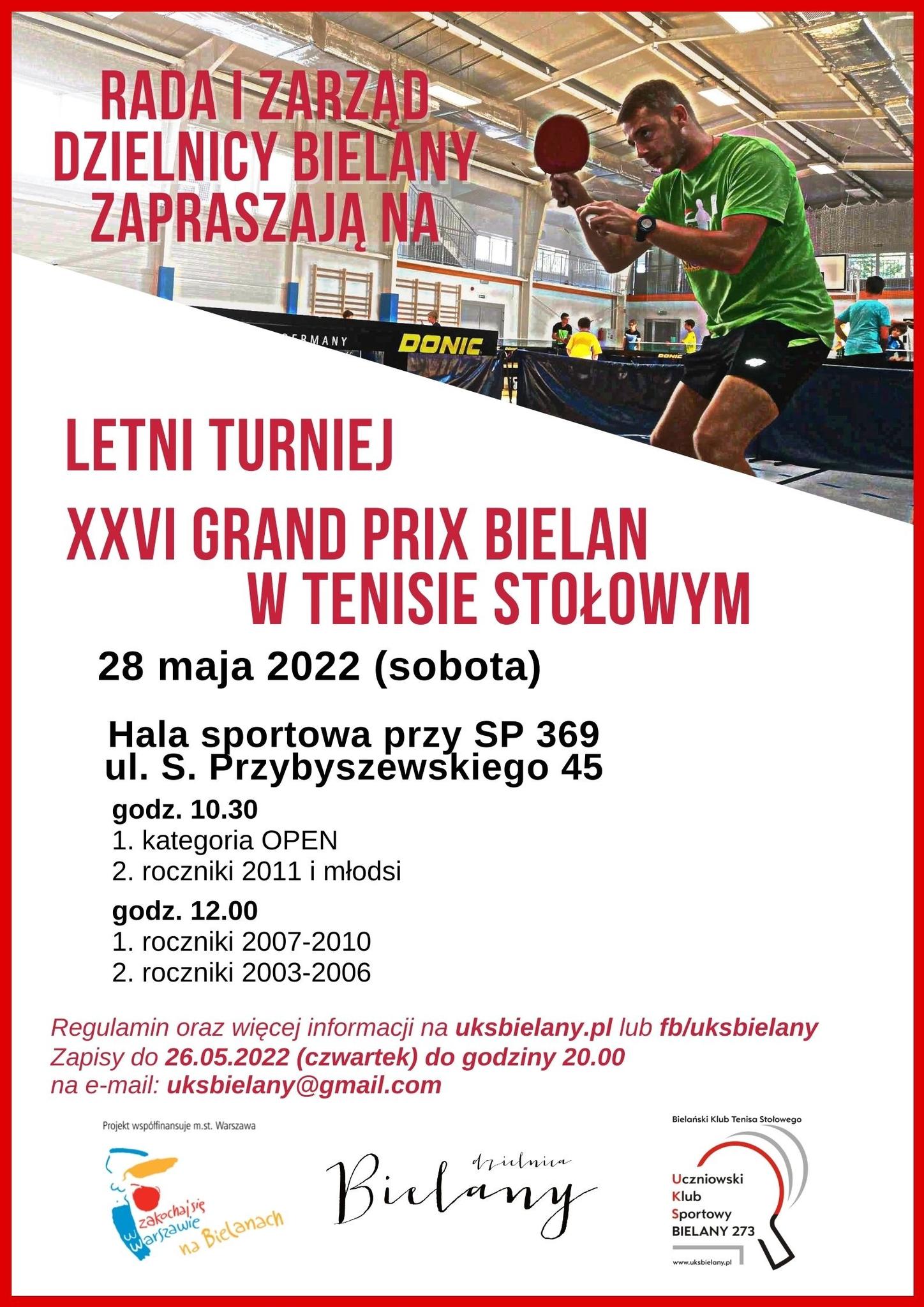 Plakat turnieju Letni Turniej XXV Grand Prix Bielan w Tenisie Stołowym -  2022