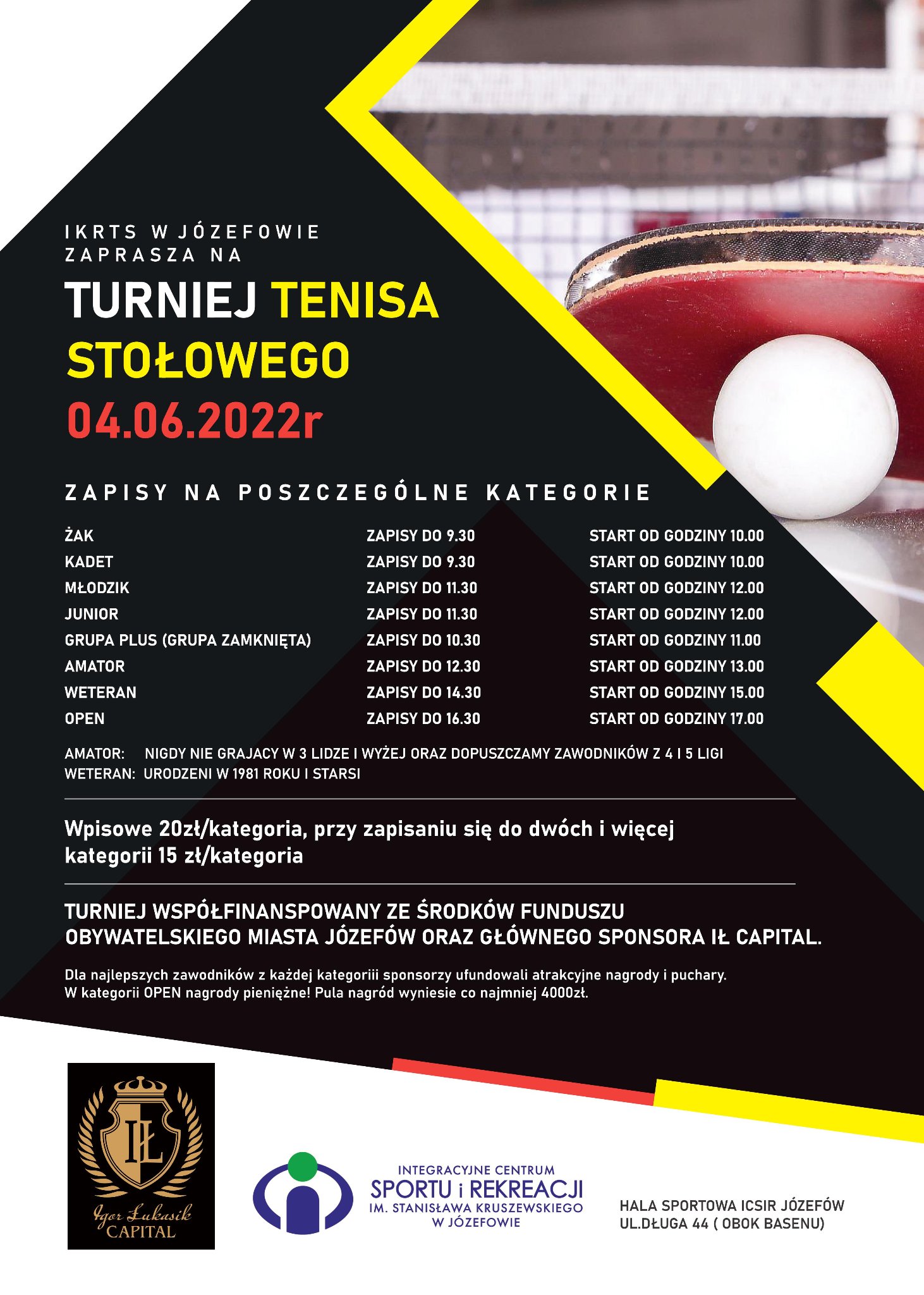 Plakat turnieju Turniej tenisa stołowego w Józefowie - czerwiec 2022