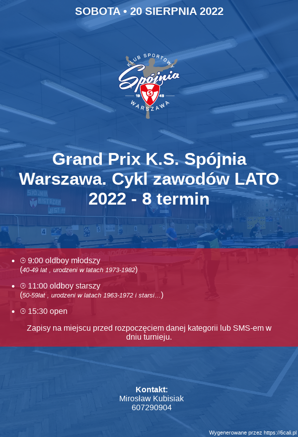 Plakat turnieju Grand Prix K.S. Spójnia Warszawa.  Cykl zawodów LATO 2022 - 8 termin