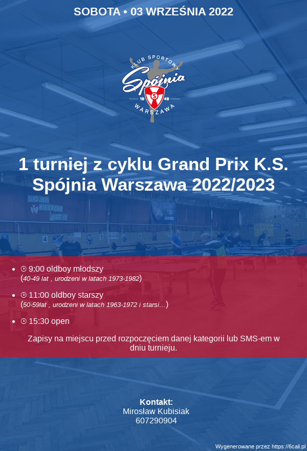 Plakat turnieju 1 turniej z cyklu Grand Prix K.S. Spójnia Warszawa 2022/2023