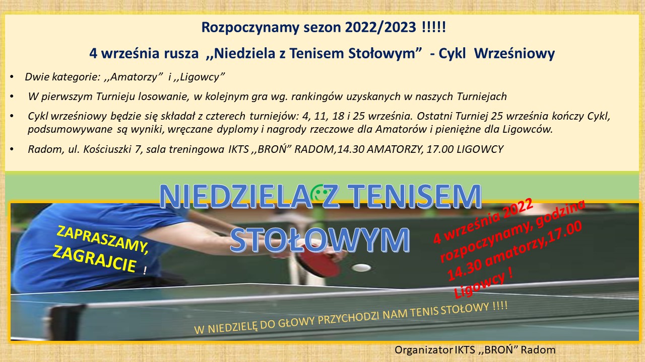 Plakat turnieju Niedziela z Tenisem Stolowym wrzesień 2022 - Radom -  termin 1