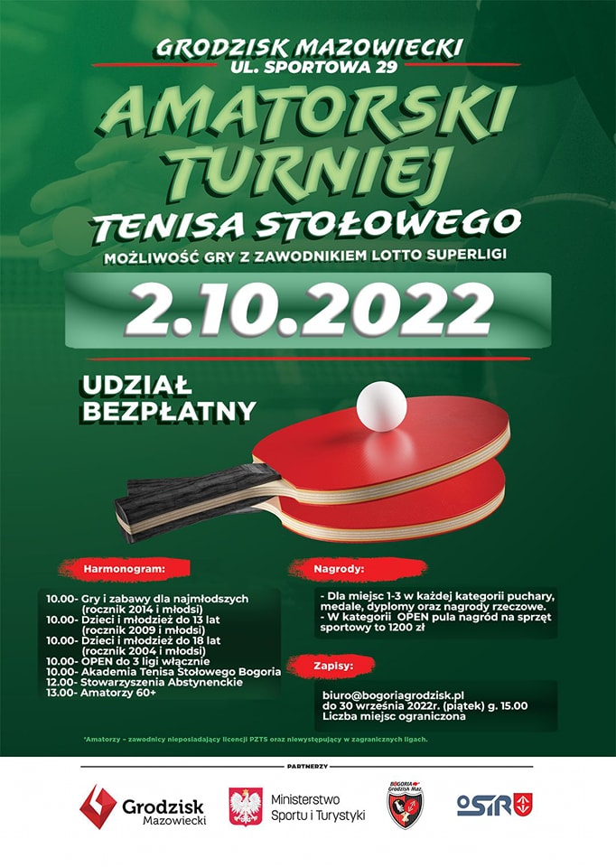 Plakat turnieju Amatorski Turniej Tenisa Stołowego 2022