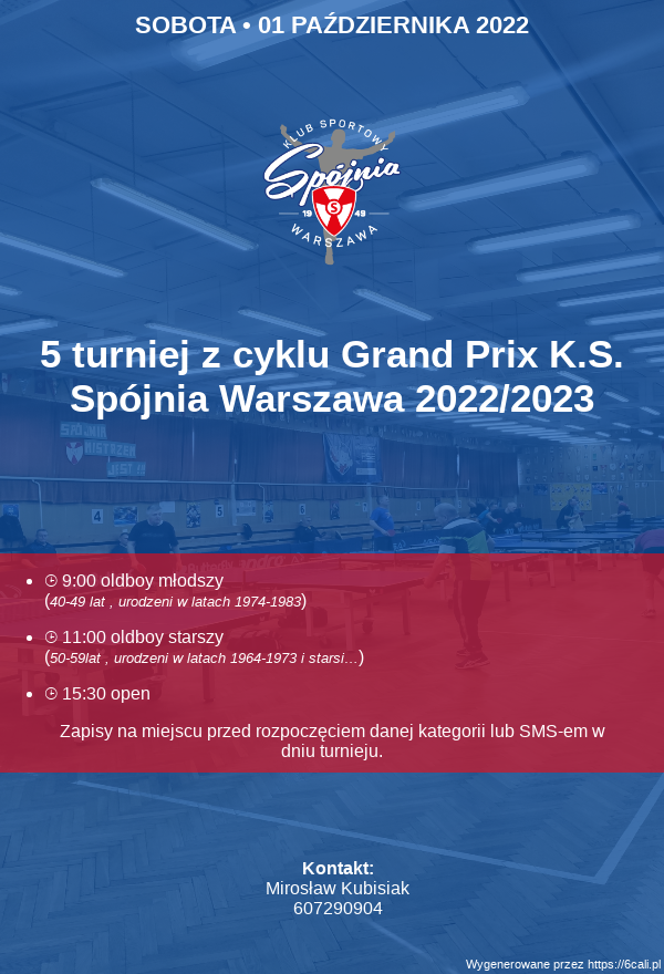 Plakat turnieju 5 turniej z cyklu Grand Prix K.S. Spójnia Warszawa 2022/2023